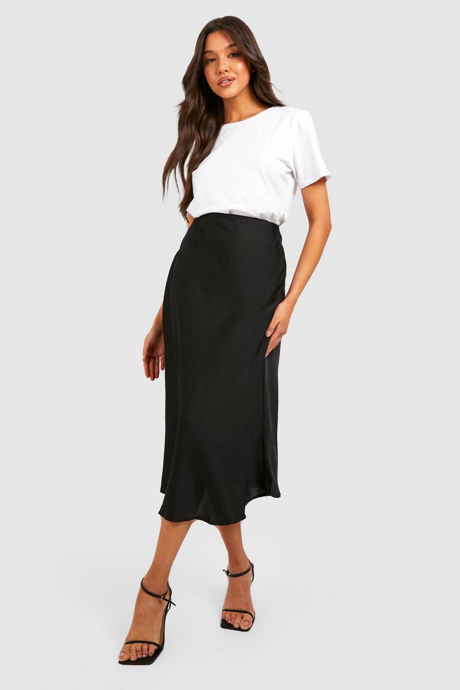 Black Satin Midi Slip Skirt