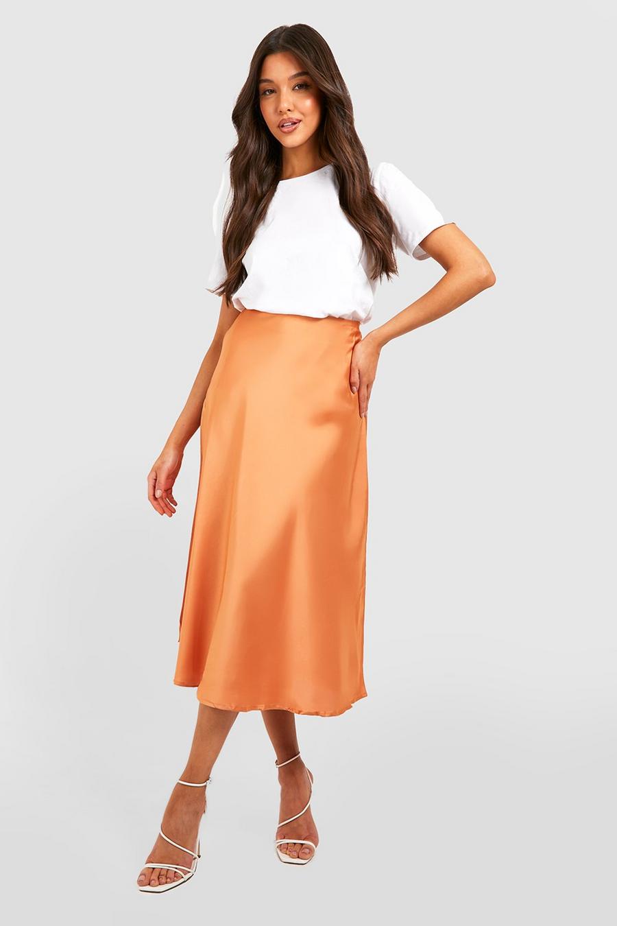 Rust orange Satin Midi Slip Skirt