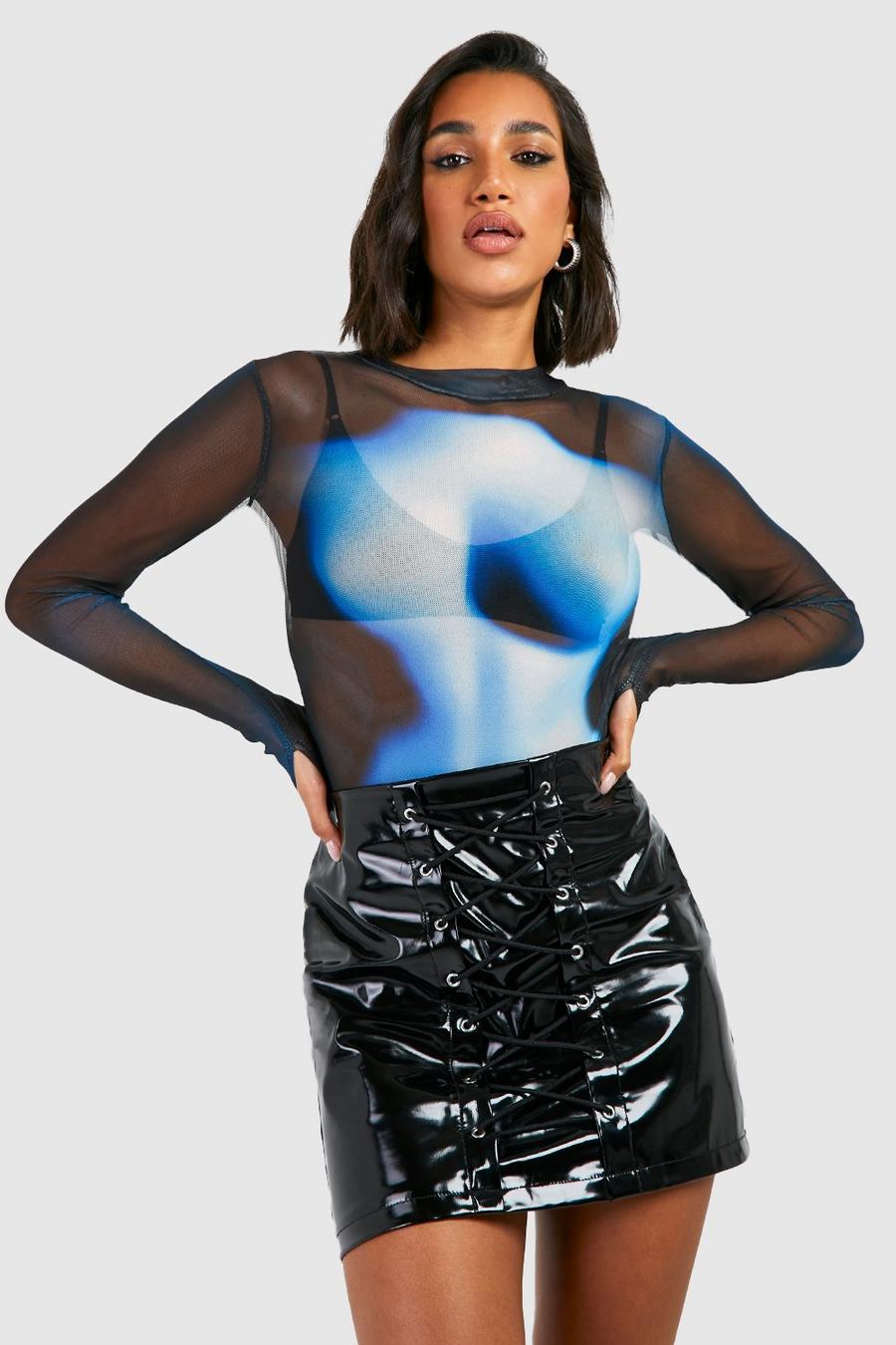 Blue Mesh Print Bodysuit image number 1
