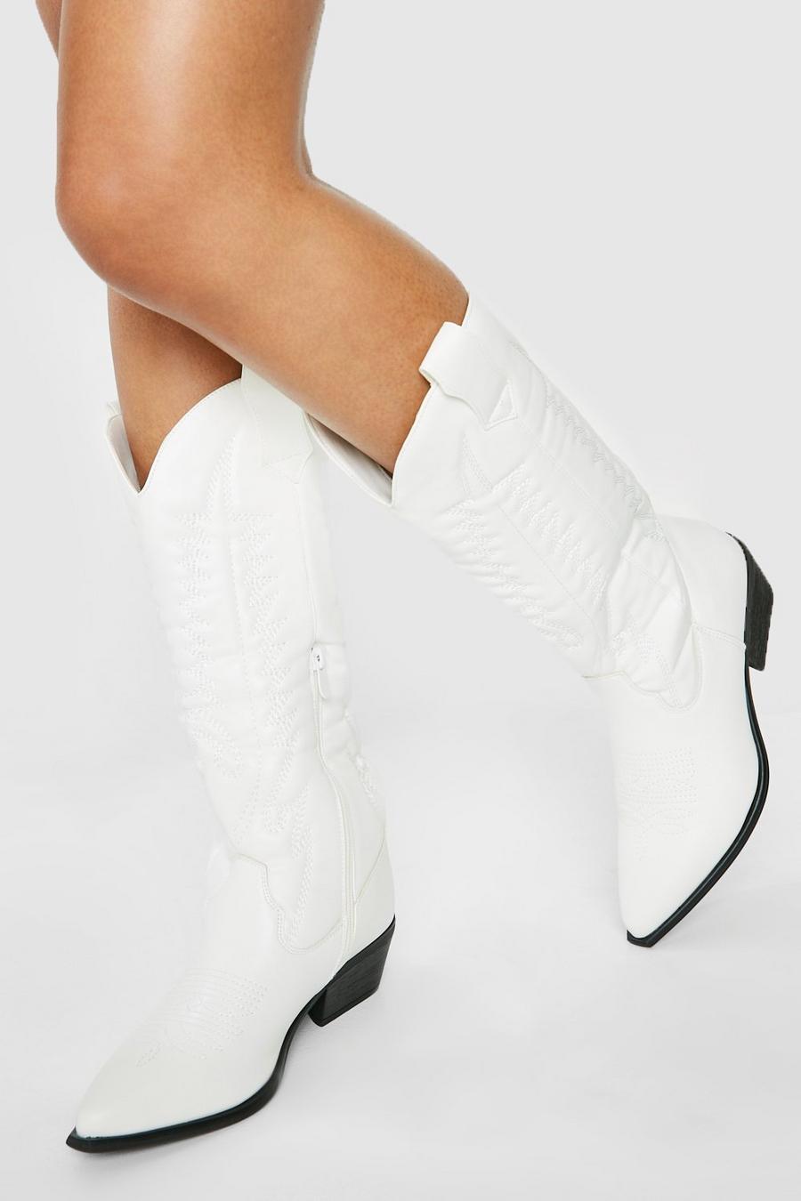 White Embroidered Western Knee High Cowboy Boots image number 1
