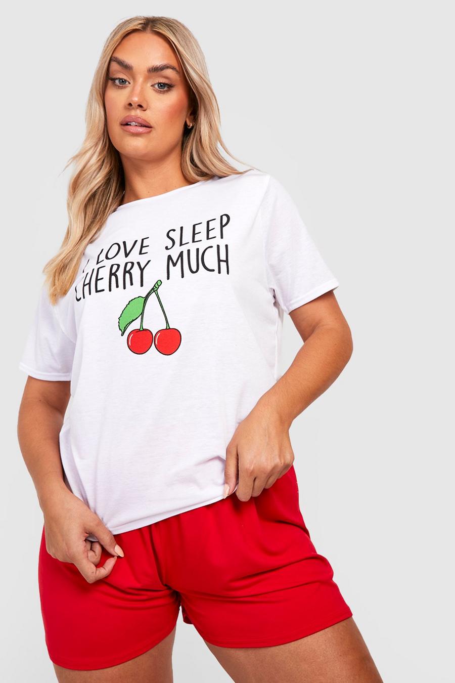 Grande taille - Pyjama à imprimé cerise et slogan avec t-shirt et short, Red image number 1
