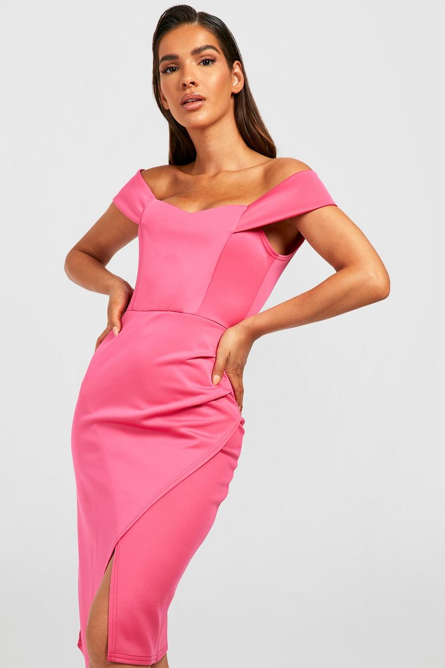 Hot pink Scuba Bardot Wrap Midi Dress image number 1