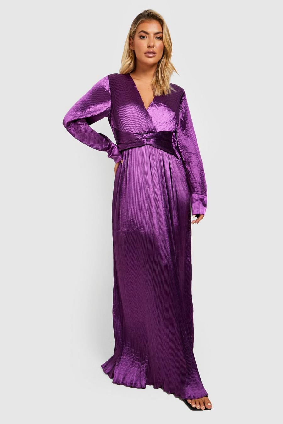 Vestido maxi plisado Premium con nudo, Jewel purple image number 1