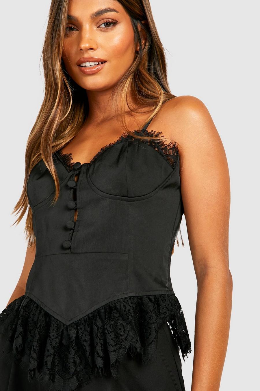 Black Lace Cupped Peplum Satin Top image number 1