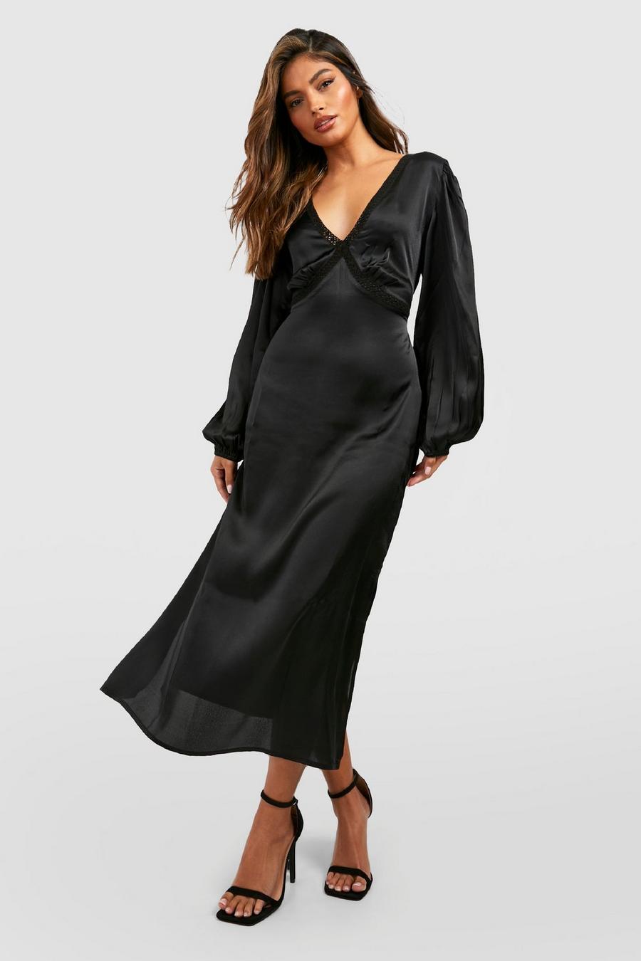 Black Satin Long Sleeve Midaxi Dress image number 1