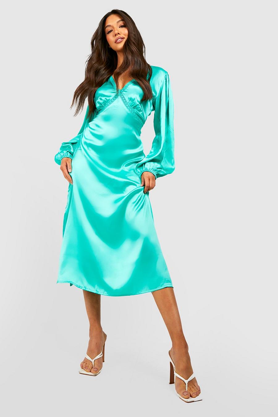 Green Satin Long Sleeve Midaxi Dress image number 1