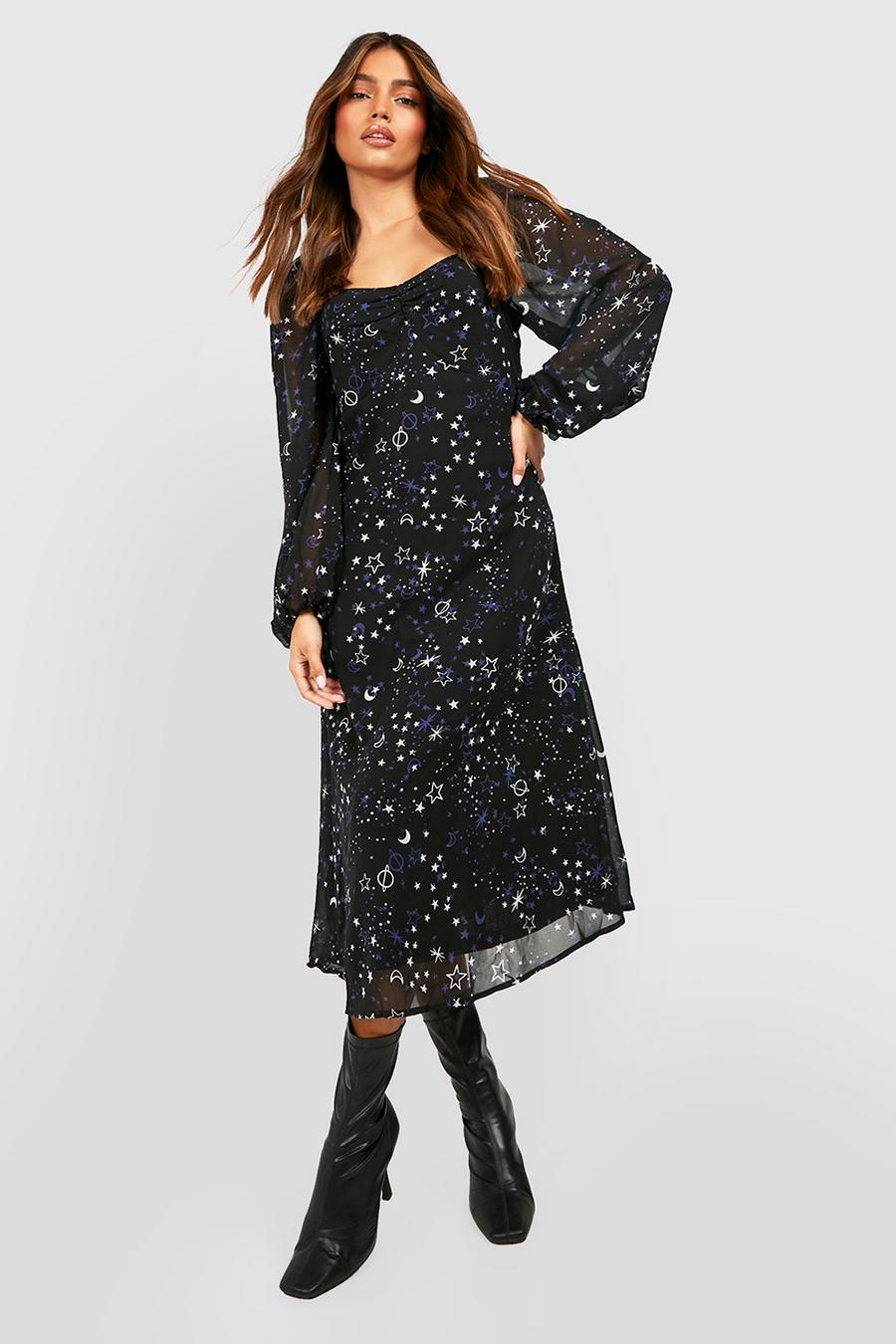 Black Star Printed Long Sleeve Midi Smock Dress image number 1