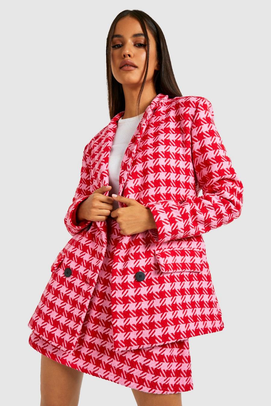 Pink Dogtooth Boucle Double Breasted Blazer image number 1