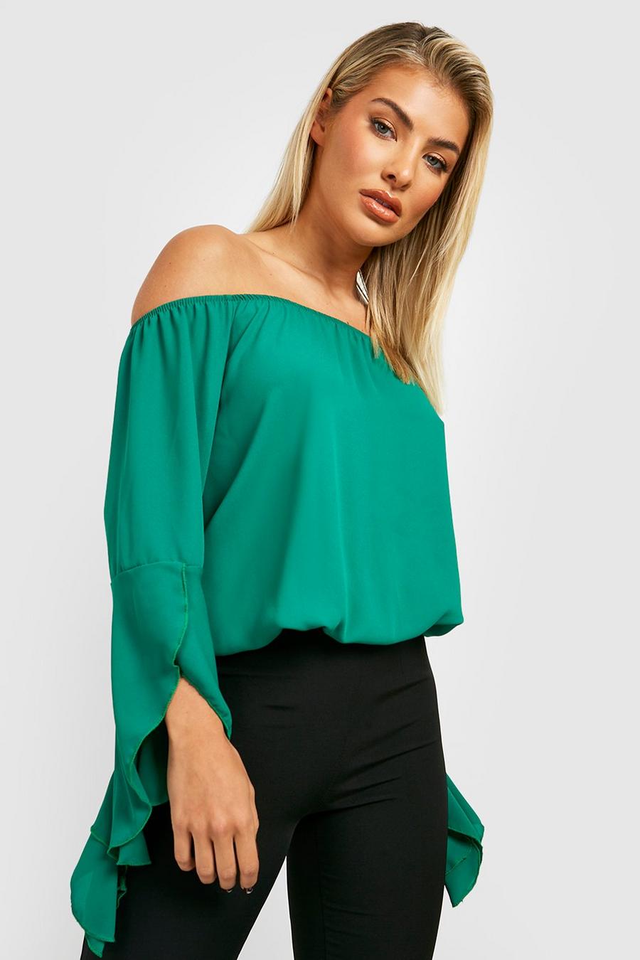 Green Fluted Frill Sleeve Off The Shoulder Top