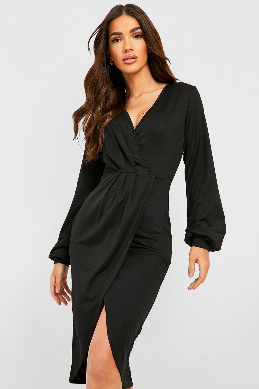 Black Long Sleeve Wrap Midi Dress image number 1