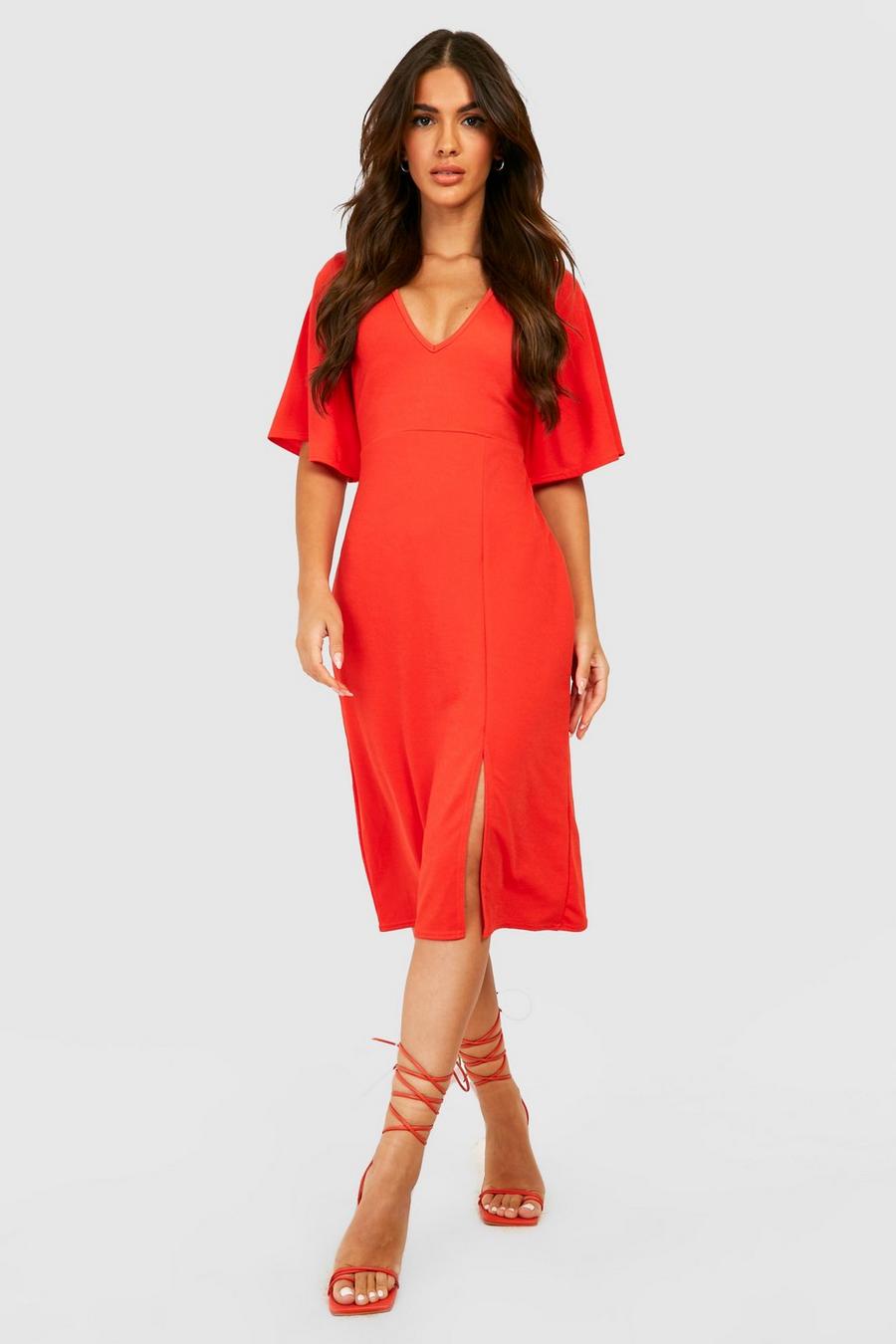 Orange Angel Sleeve Plunge Midi Dress image number 1