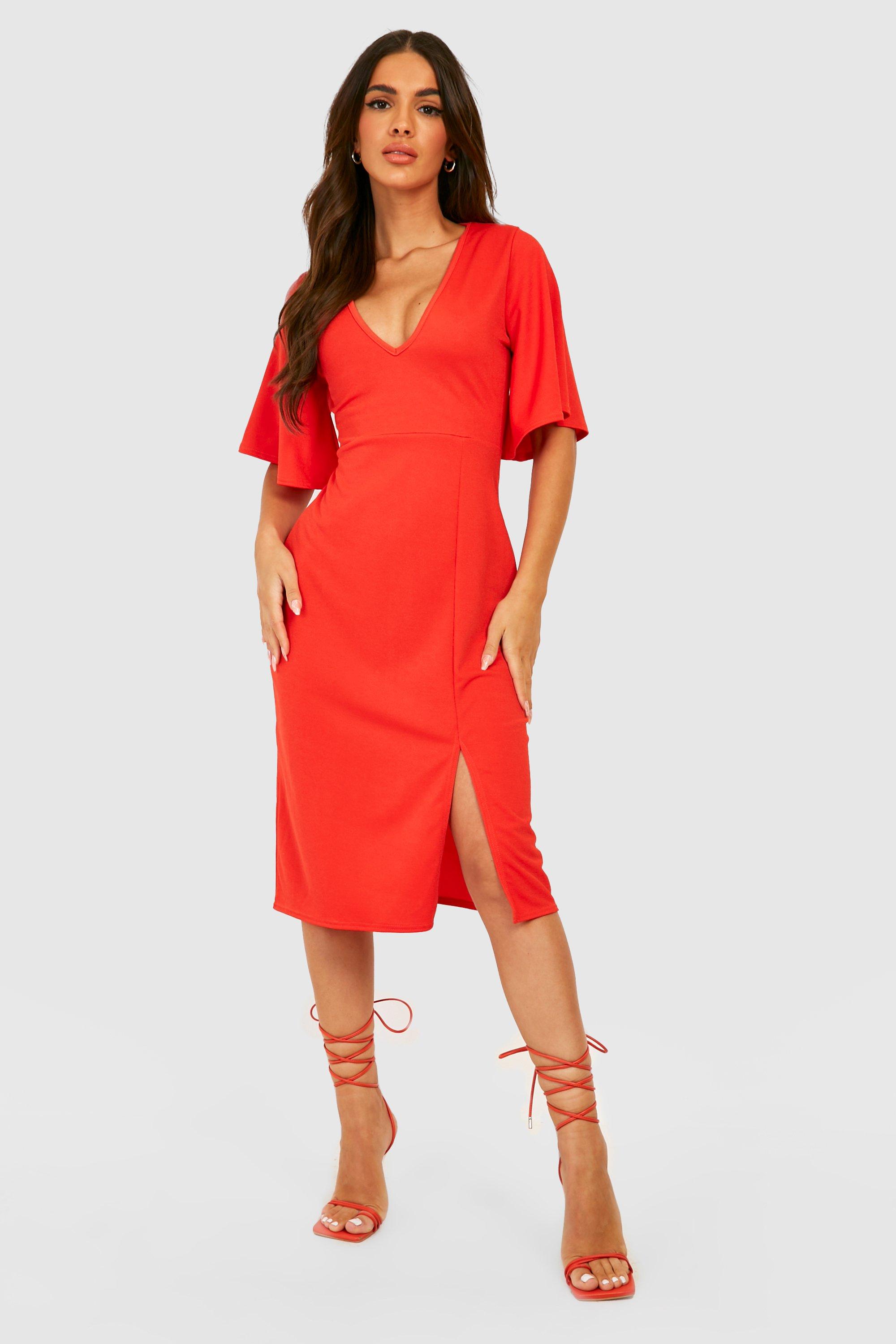 Boohoo angel sleeve ruched mini dress in red sale