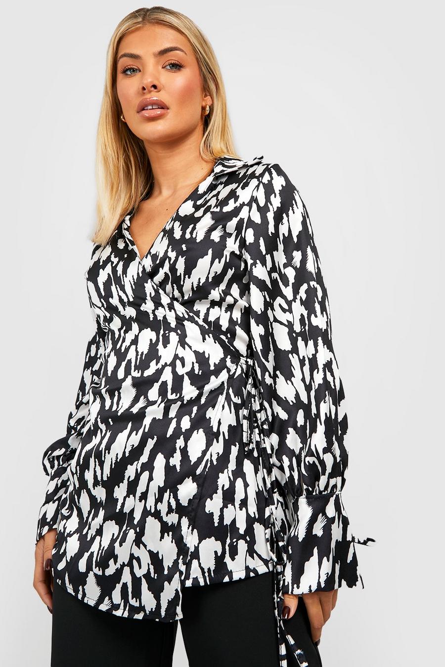 Black negro Abstract Satin Wrap Front Volume Sleeve Shirt image number 1