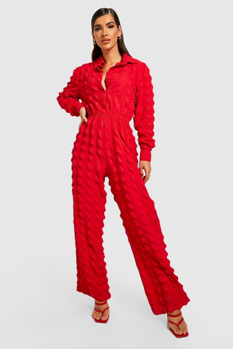 Red Crinkle Textured Wide Leg Jumpsuit