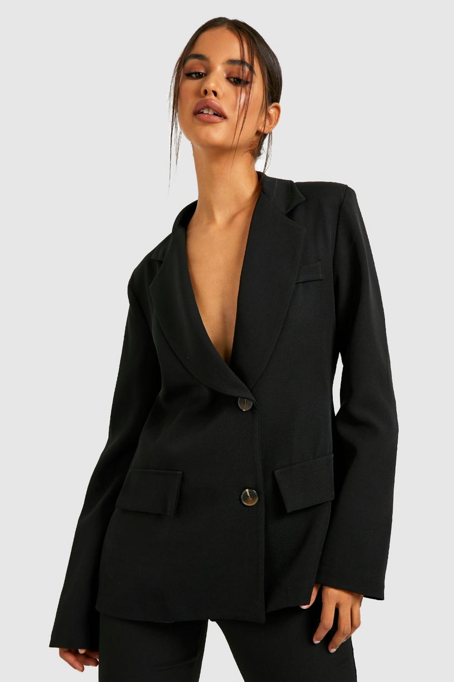 Black Woven Double Breasted Tailored Blazer image number 1
