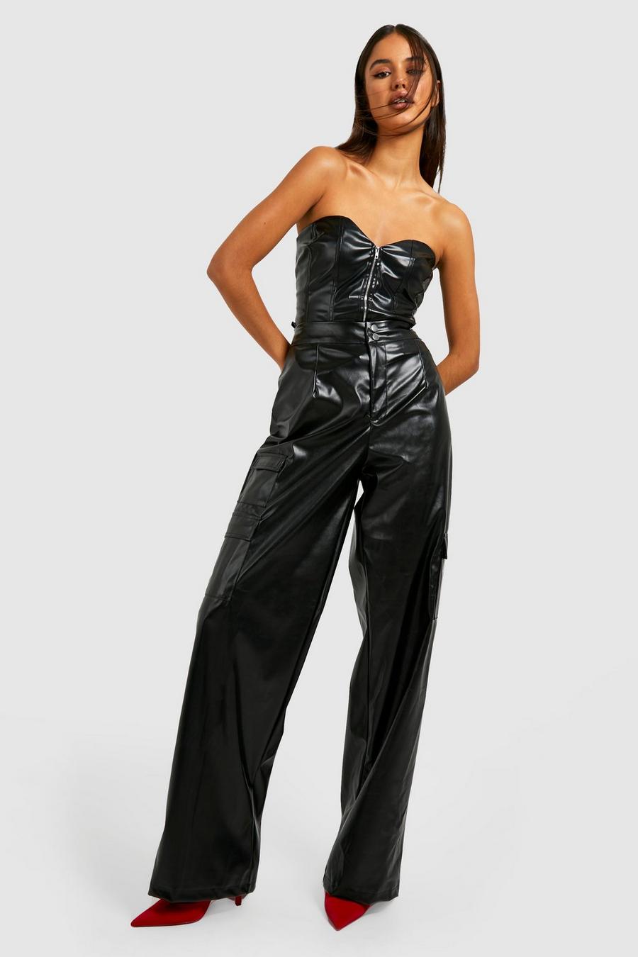 Black Leather Look Wide Leg Cargo Trousers image number 1