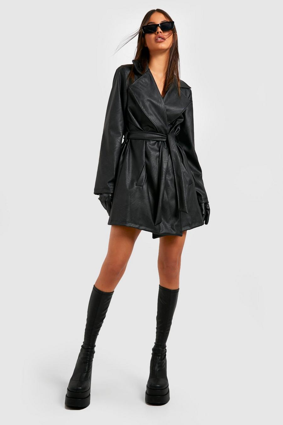 Black Leather Look Belted Wrap Trench Coat image number 1