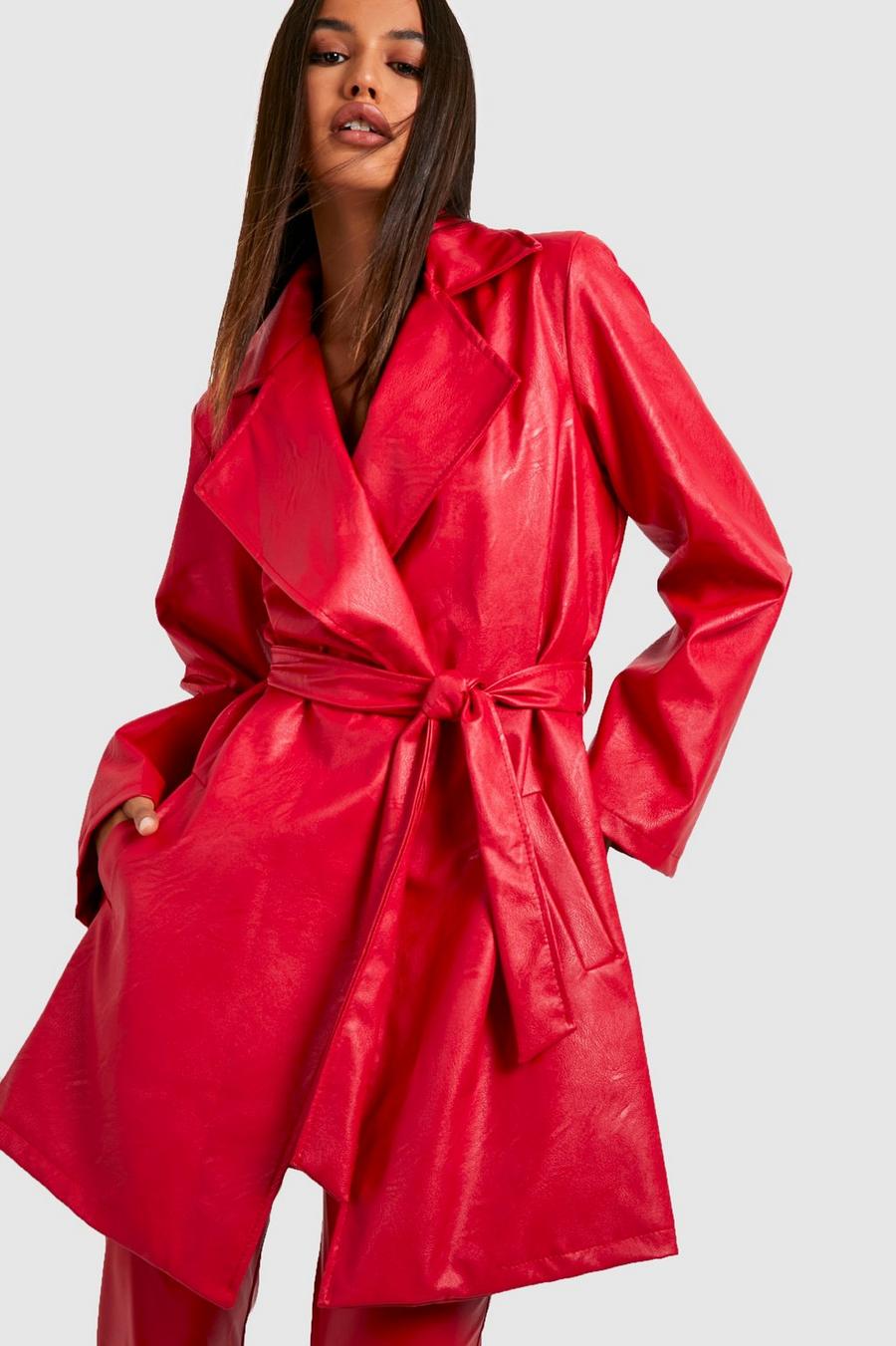 Red Faux Leather Belted Wrap Trench Coat image number 1