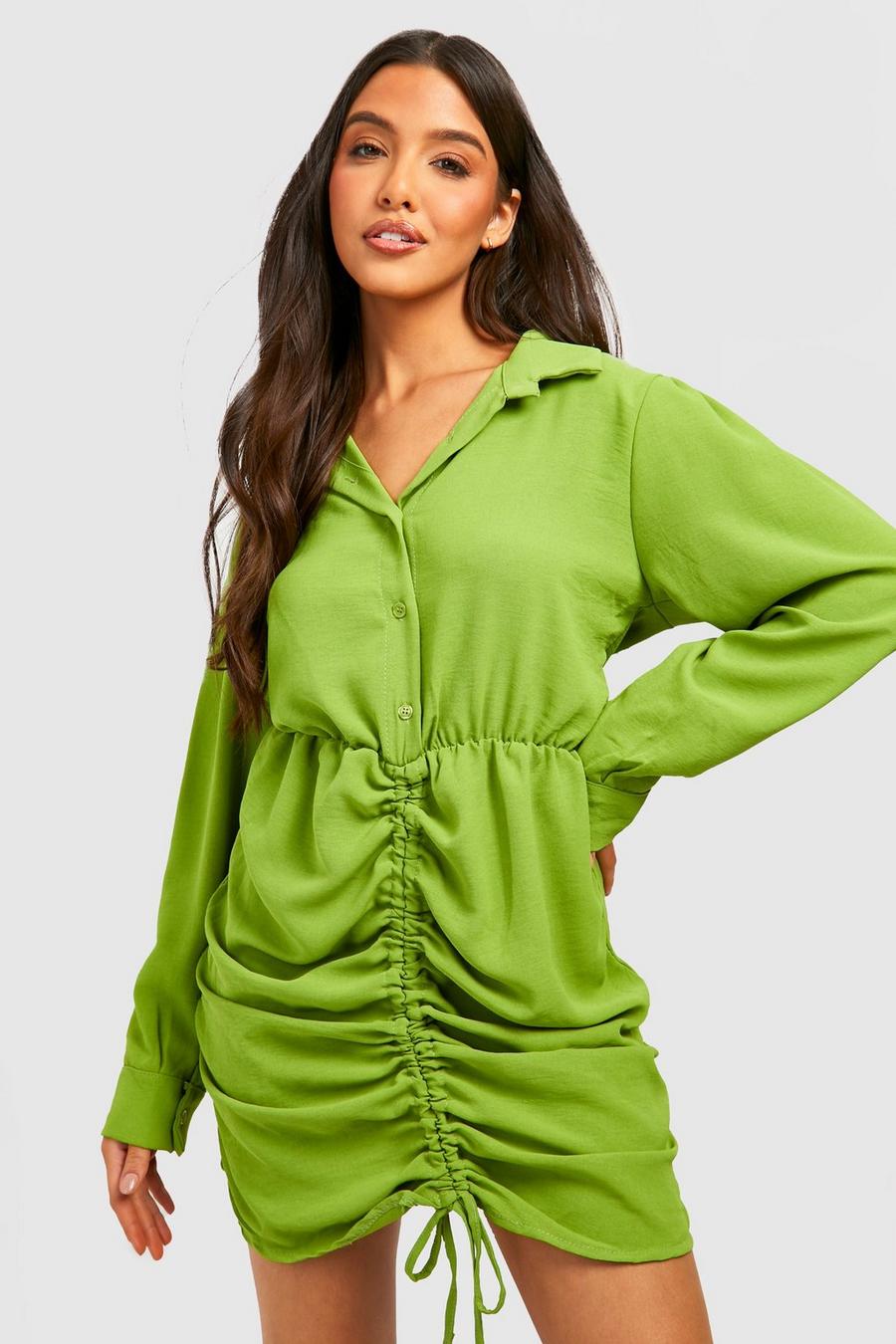 Olive grön Skjortklänning med rynkade detaljer image number 1