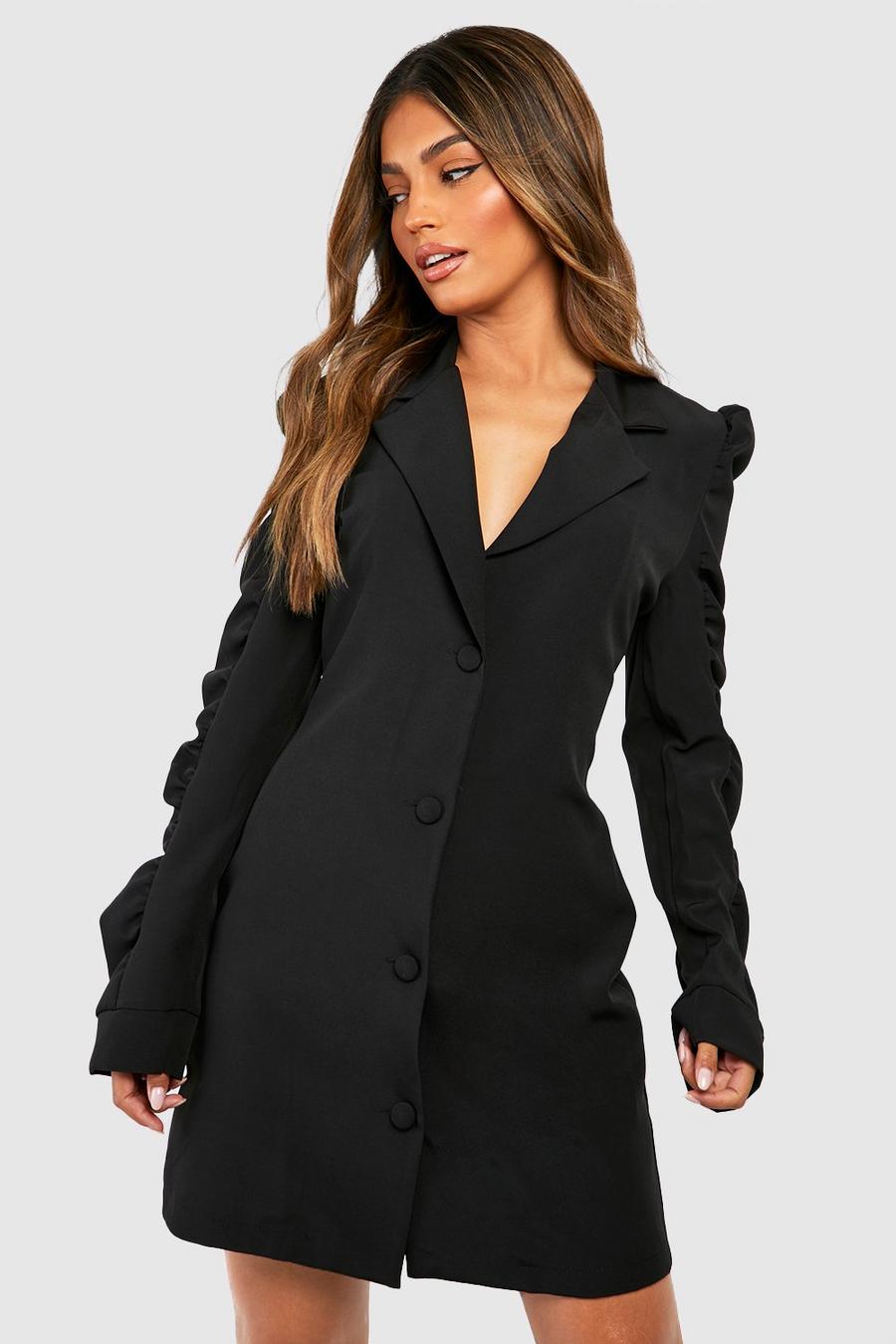Black Ruched Sleeve Tailored Blazer Dress