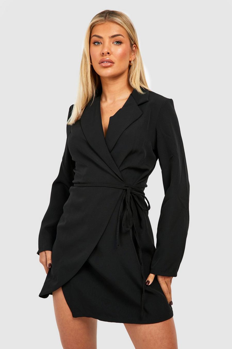 Black svart Tie Waist Wrap Front Blazer Dress image number 1