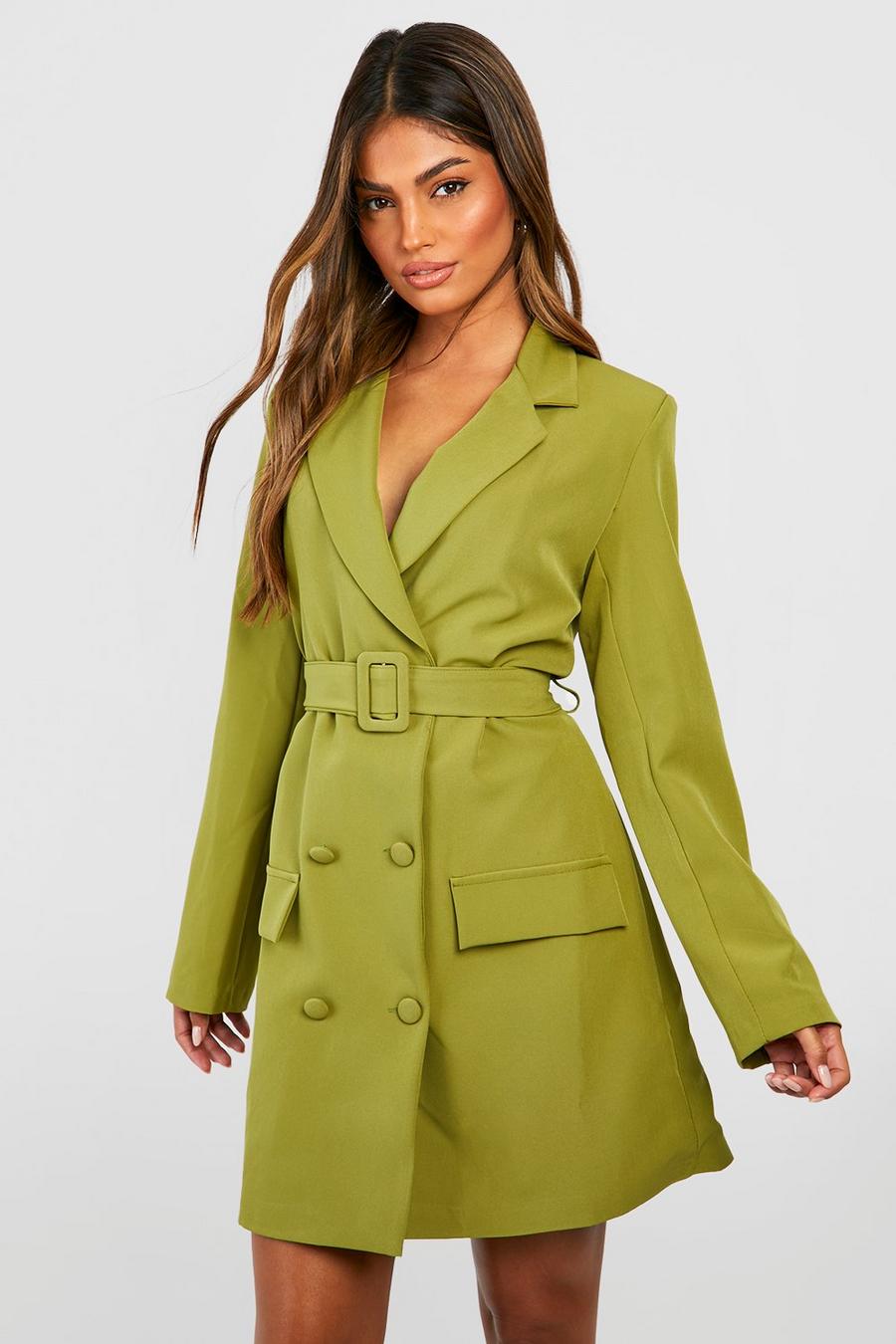 Olive grön Double Breasted Belted Blazer Dress