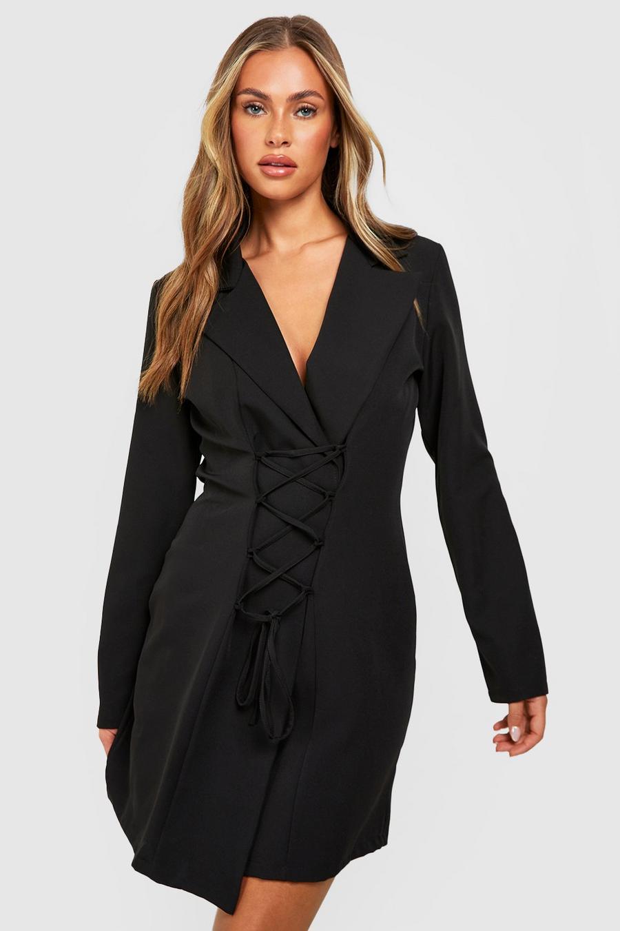 Black Lace Up Front Asymmetric Blazer Dress image number 1