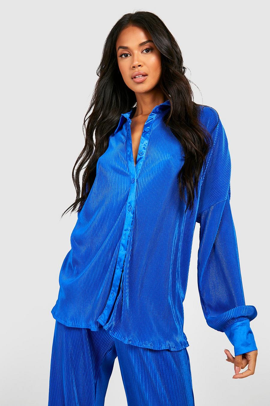 Cobalt blå Premium Oversize plisserad skjorta image number 1