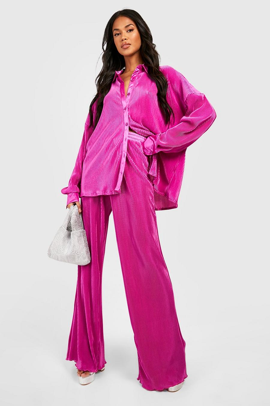 Magenta pink Premium Plisse Flared Hem Trousers