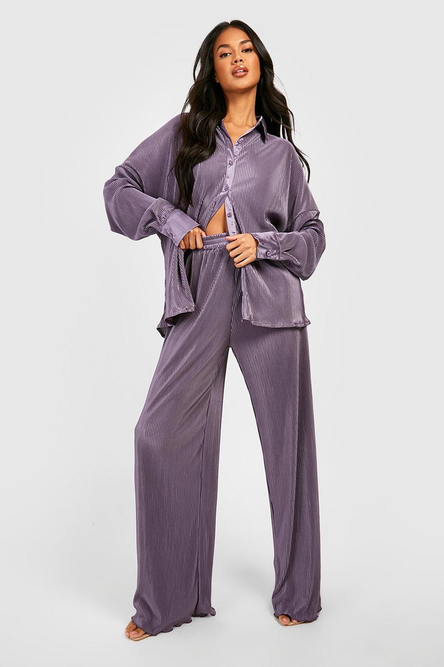 Mauve purple Premium Plisse Flared Hem Pants image number 1
