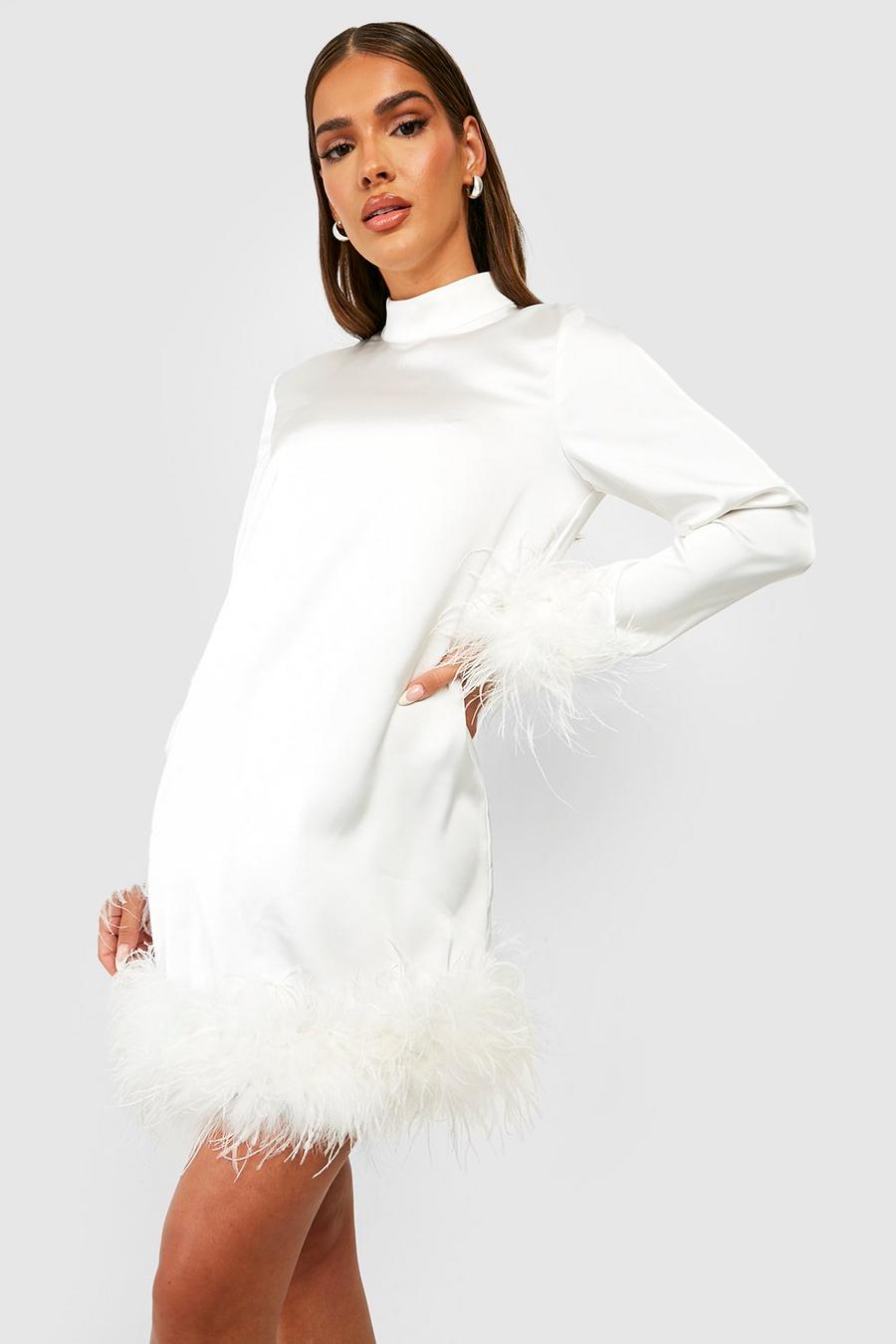 Vestido mini de fiesta con plumas y cuello alto, Ivory bianco