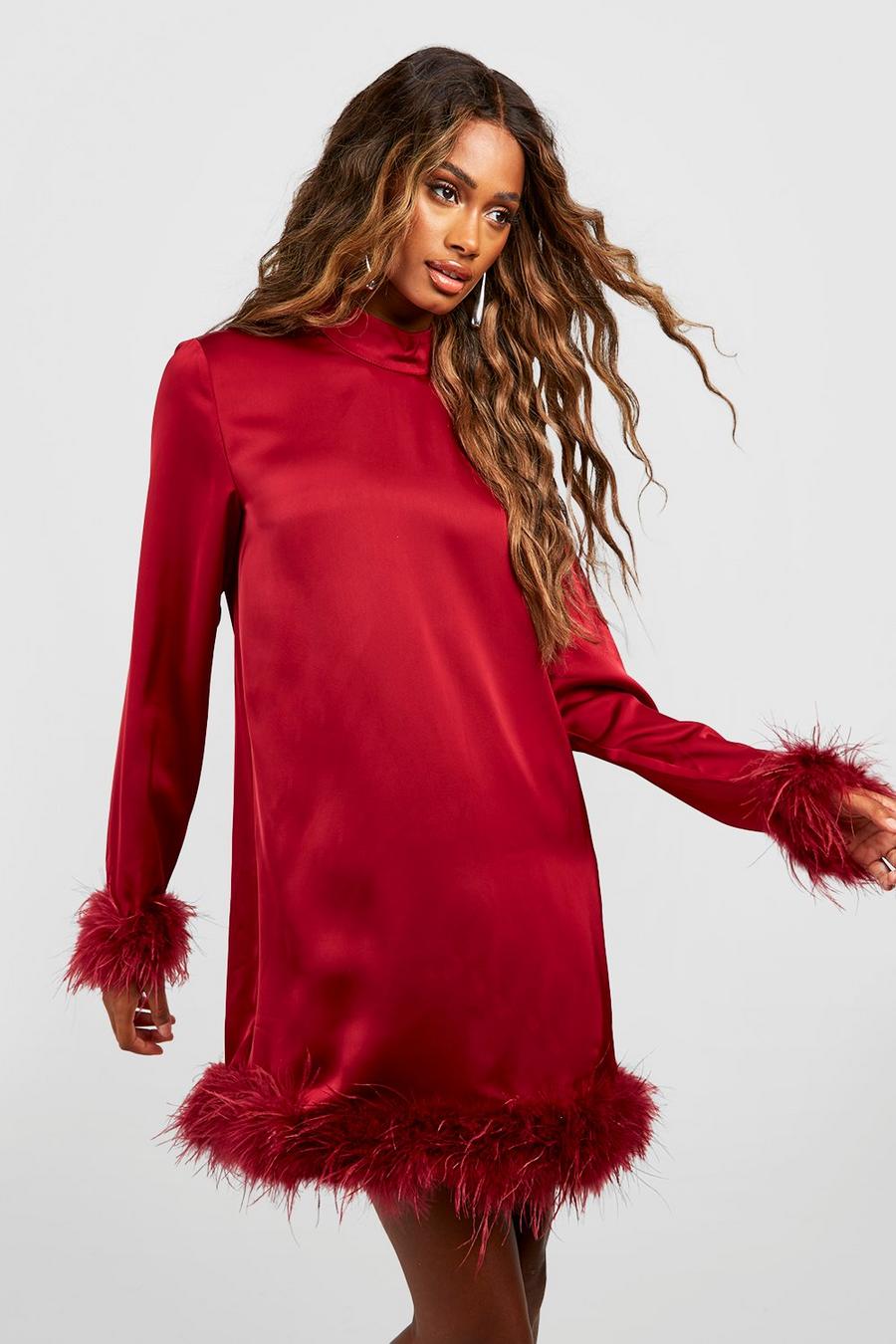 Wine High Neck Feather Mini Party Dress