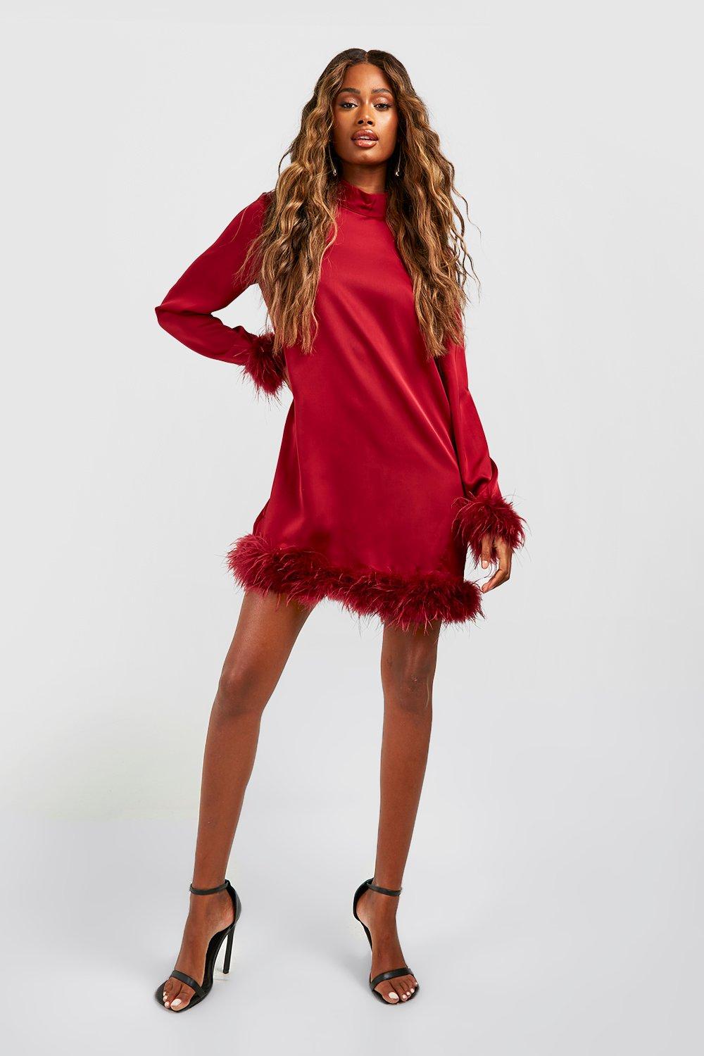 Robe courte de soiree a plumes et col montant boohoo FR