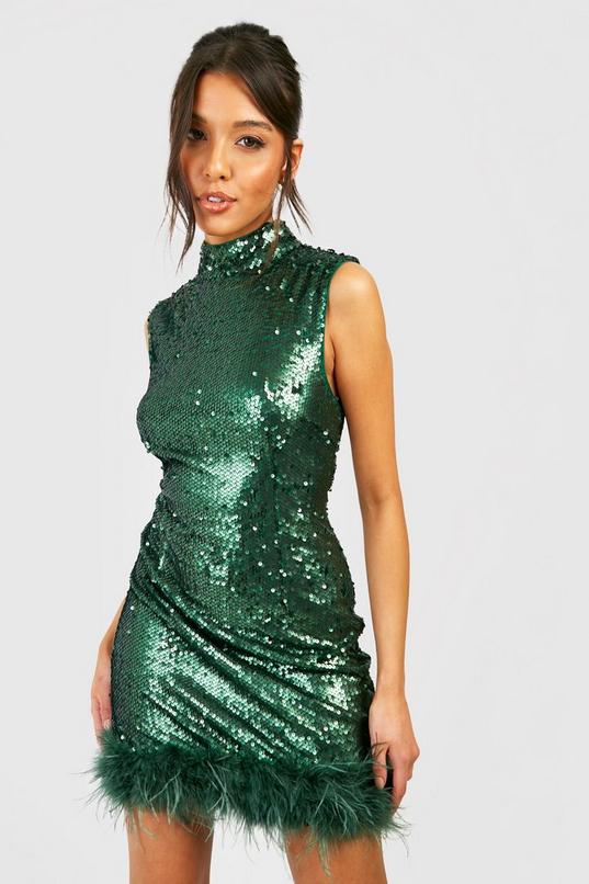 Women's Sequin High Neck Feather Detail Party Dress | Boohoo UK