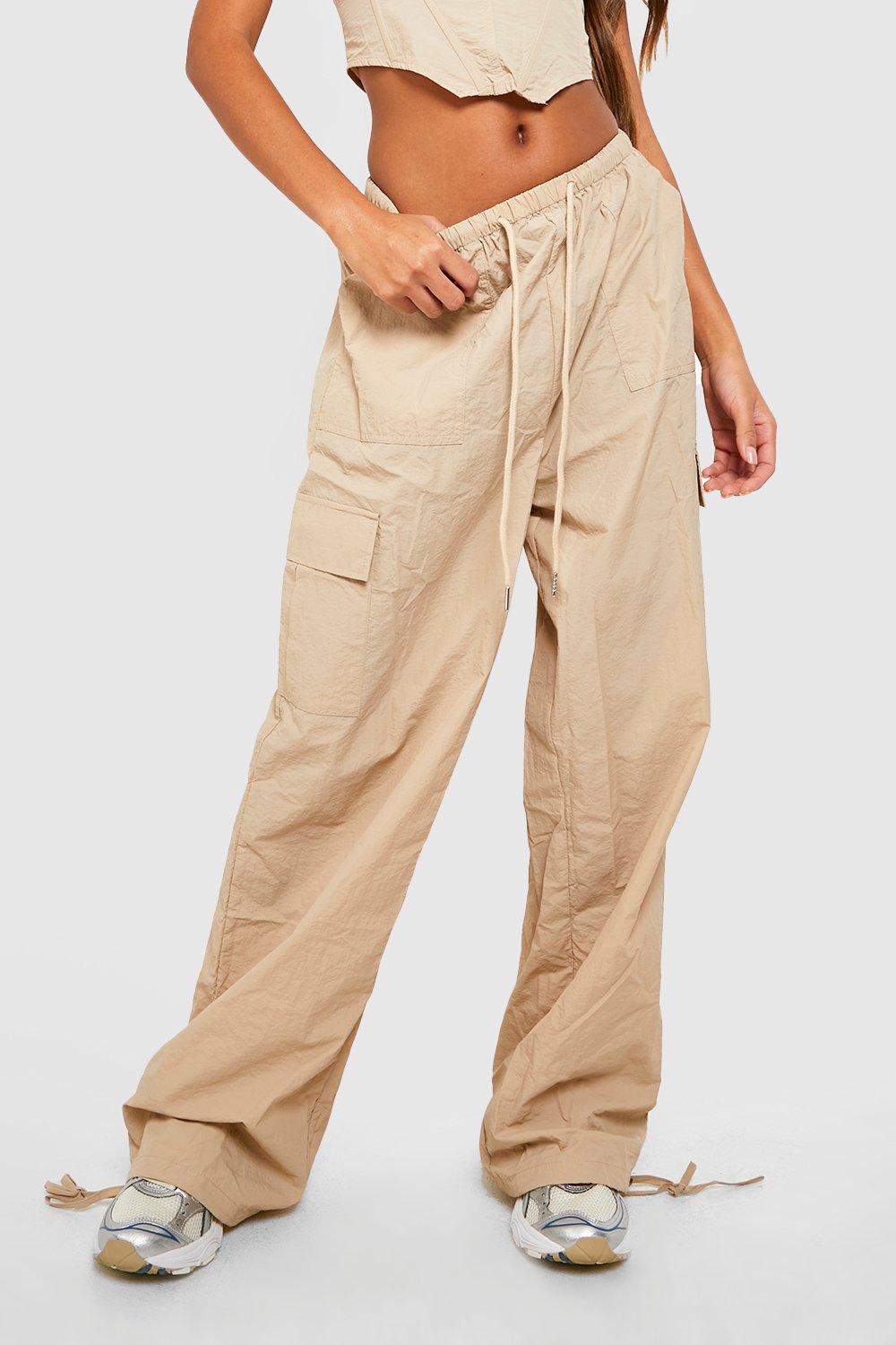 Women's Parachute Cargo Pants With Knee Split Detail Beige