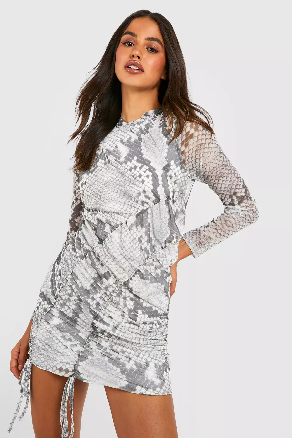 Snake Print Ruched Side Mesh Mini Dress