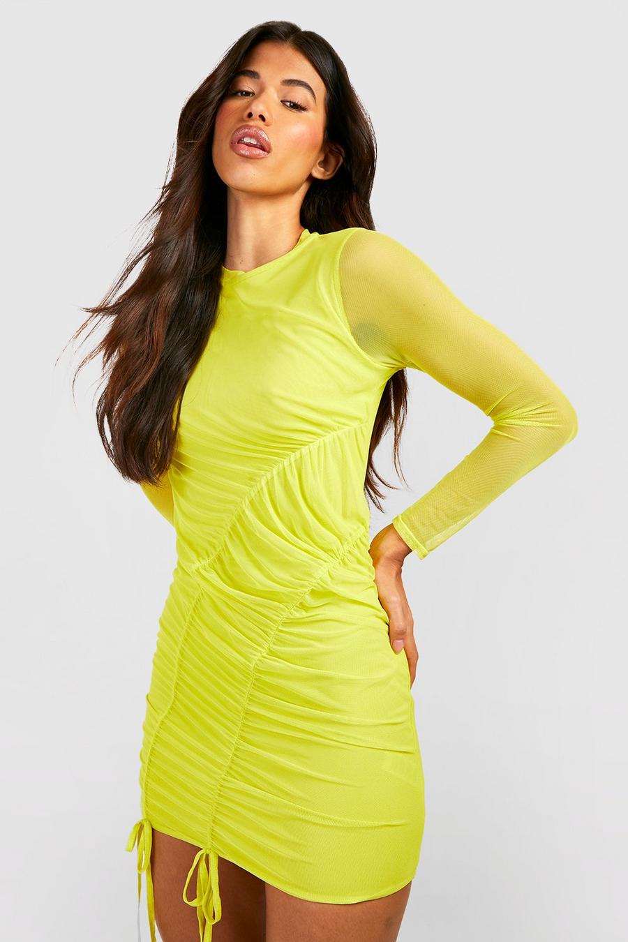 Yellow Ruched Side Mesh Mini Dress image number 1