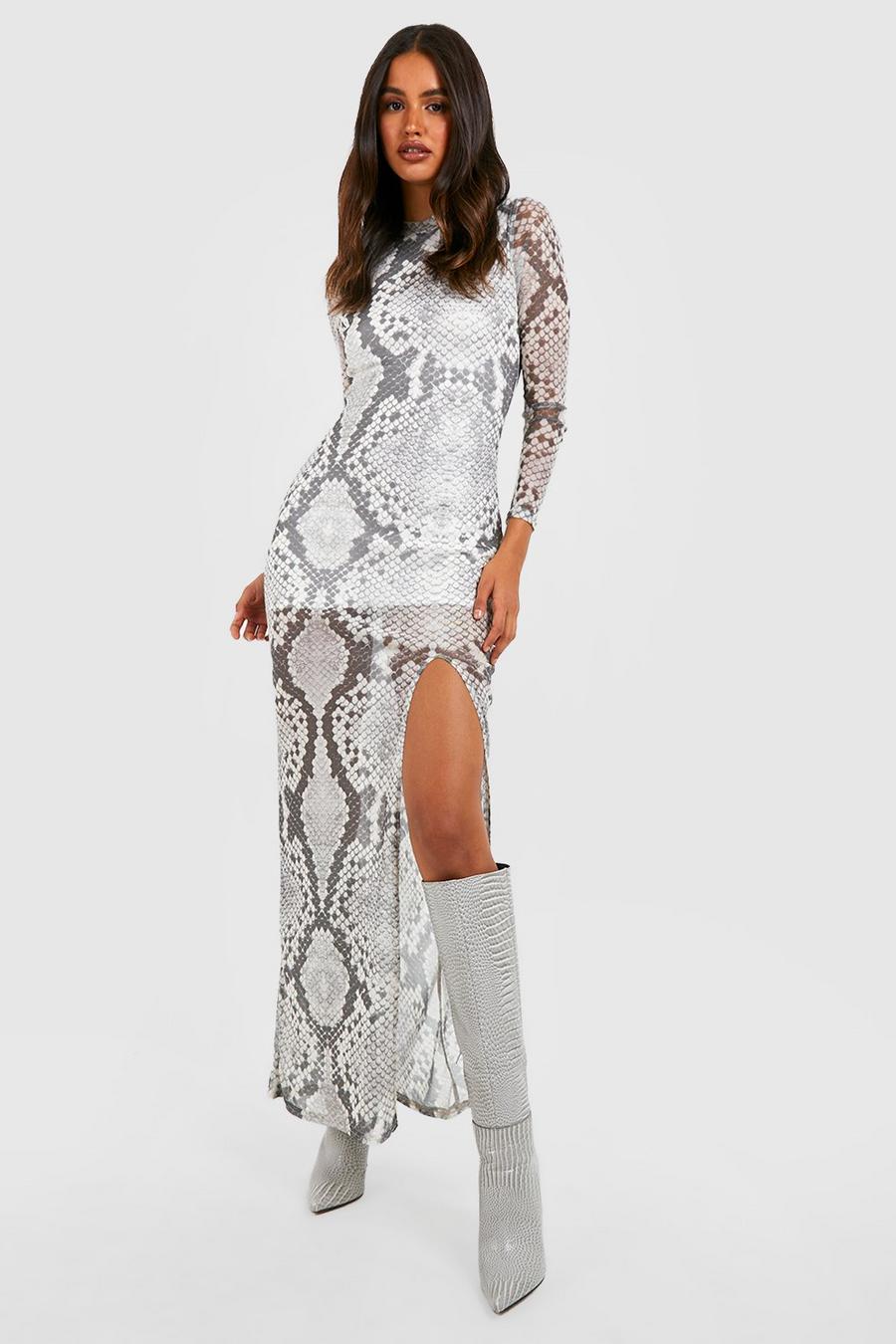 Grey Mesh Side Split Long Sleeve Snake Print Maxi Dress image number 1