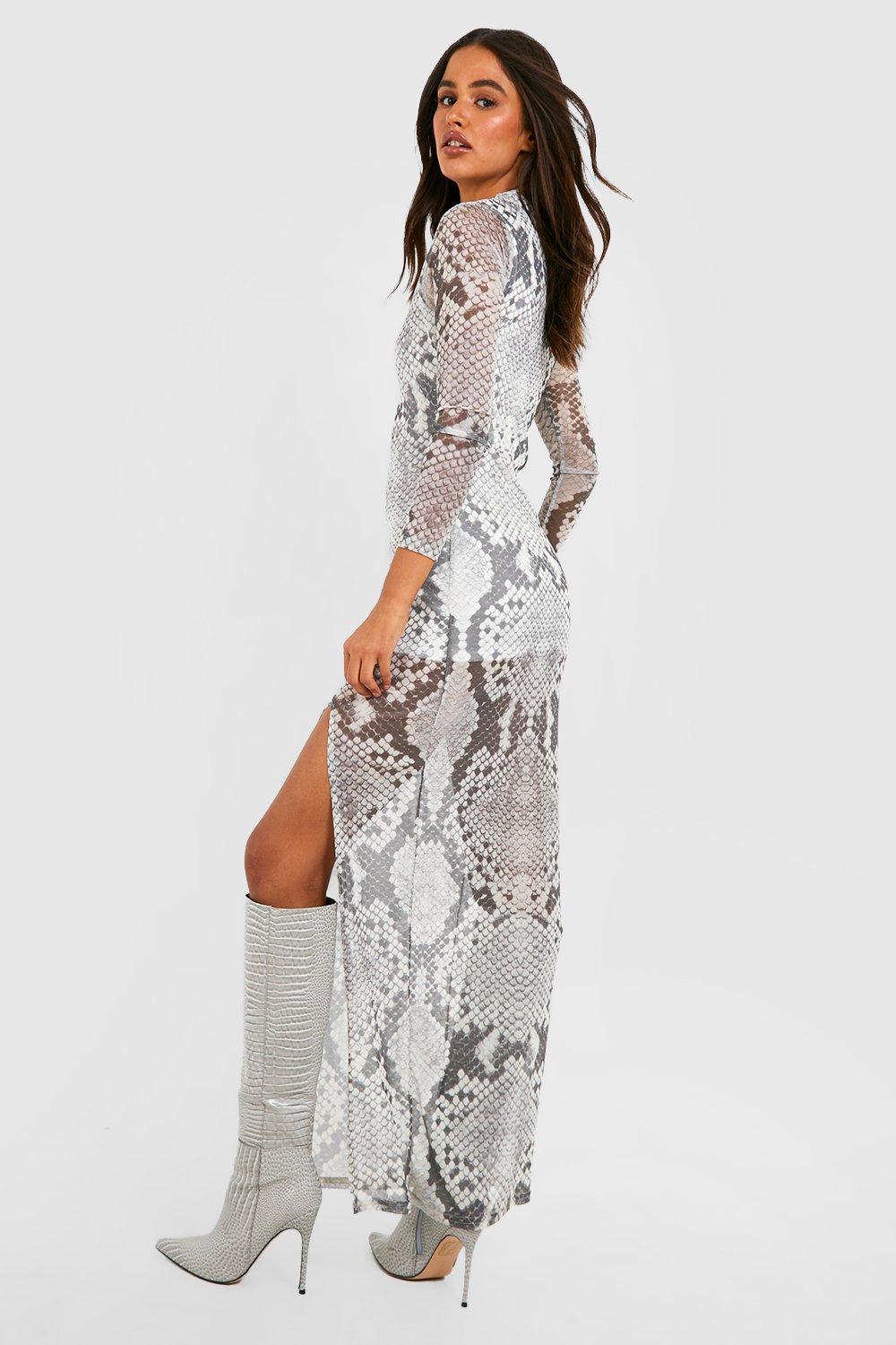 Slangenprint Maxi Jurk Met Zijsplit En Lange Mouwen |