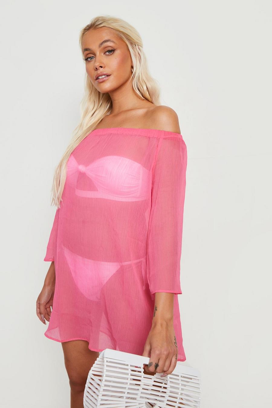 Pink Chiffon Off The Shoulder Mini Beach Dress image number 1