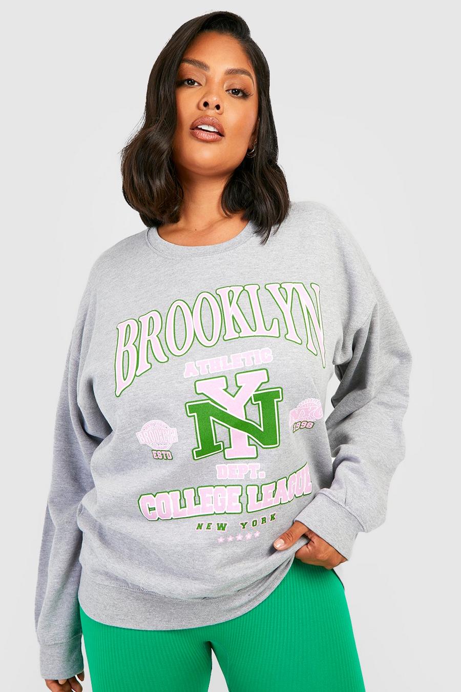 Grey marl Plus Brooklyn Slogan Oversized Sweatshirt image number 1