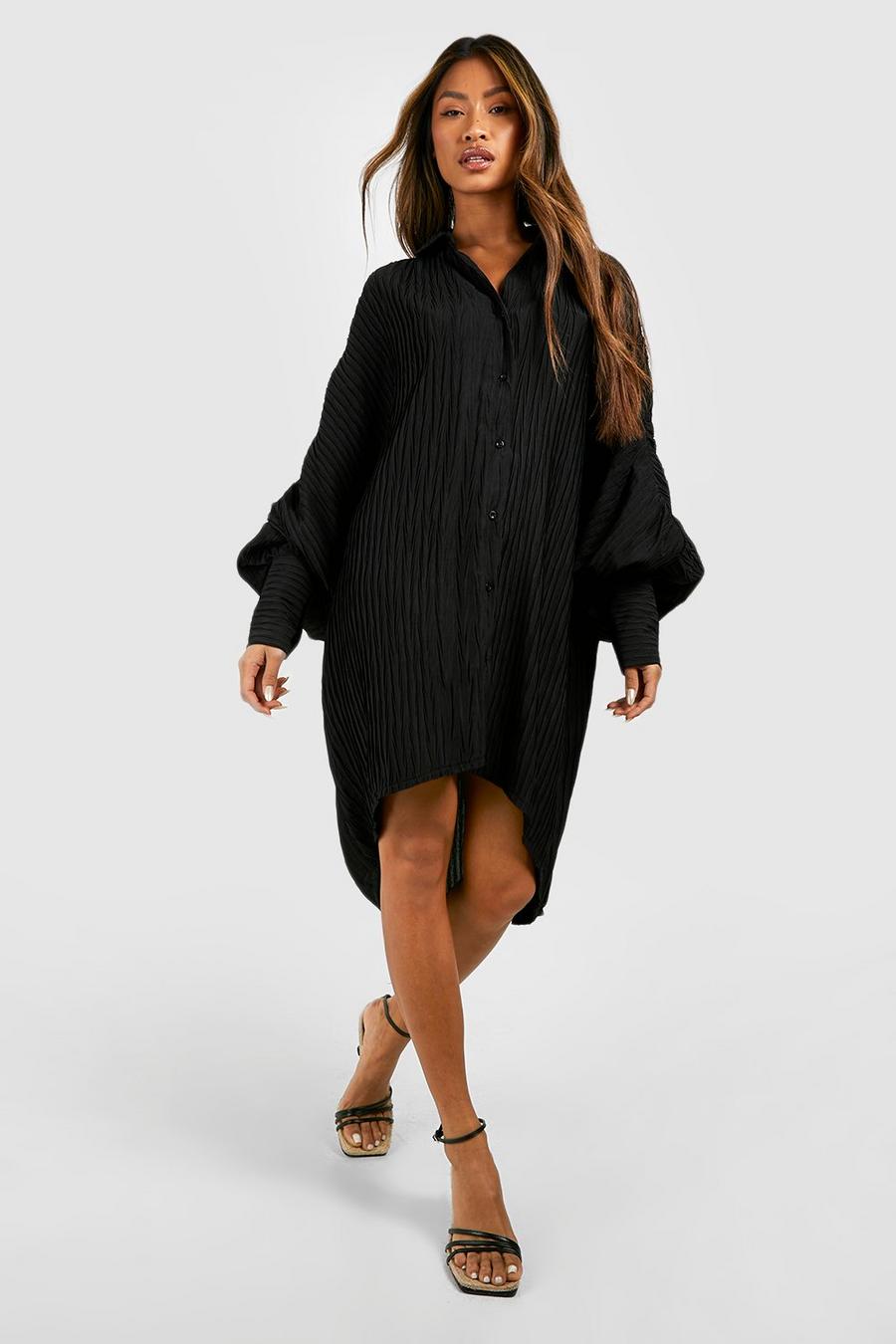 Black Textured Plisse Balloon Sleeve Shirt Dress image number 1