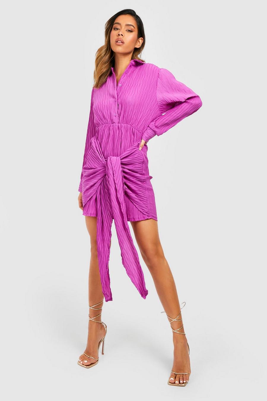 Vestido camisero cruzado plisado texturizado, Purple image number 1