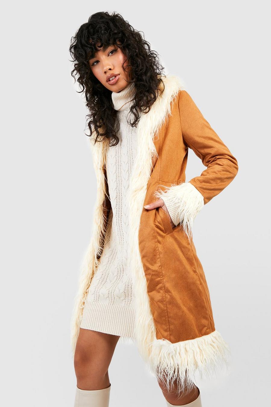 Tan brown Faux Fur Trim 60s Style Jacket