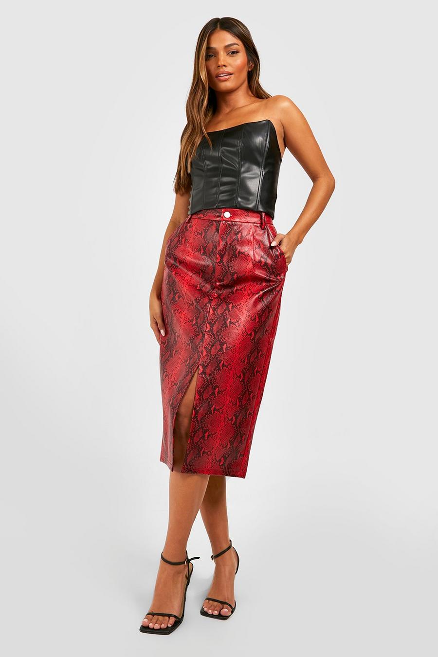 Red Python Leather Look Split Midi Skirt image number 1