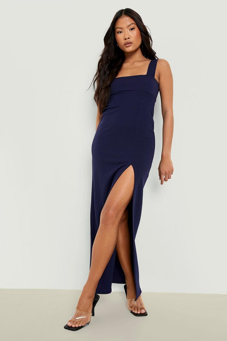 Navy Petite Recycled Square Neck Split Maxi Dress image number 1