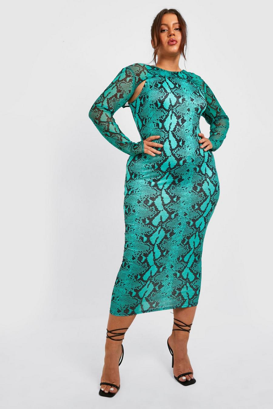 Vestito longuette Plus Size con maniche in rete effetto pelle di serpente, Green image number 1