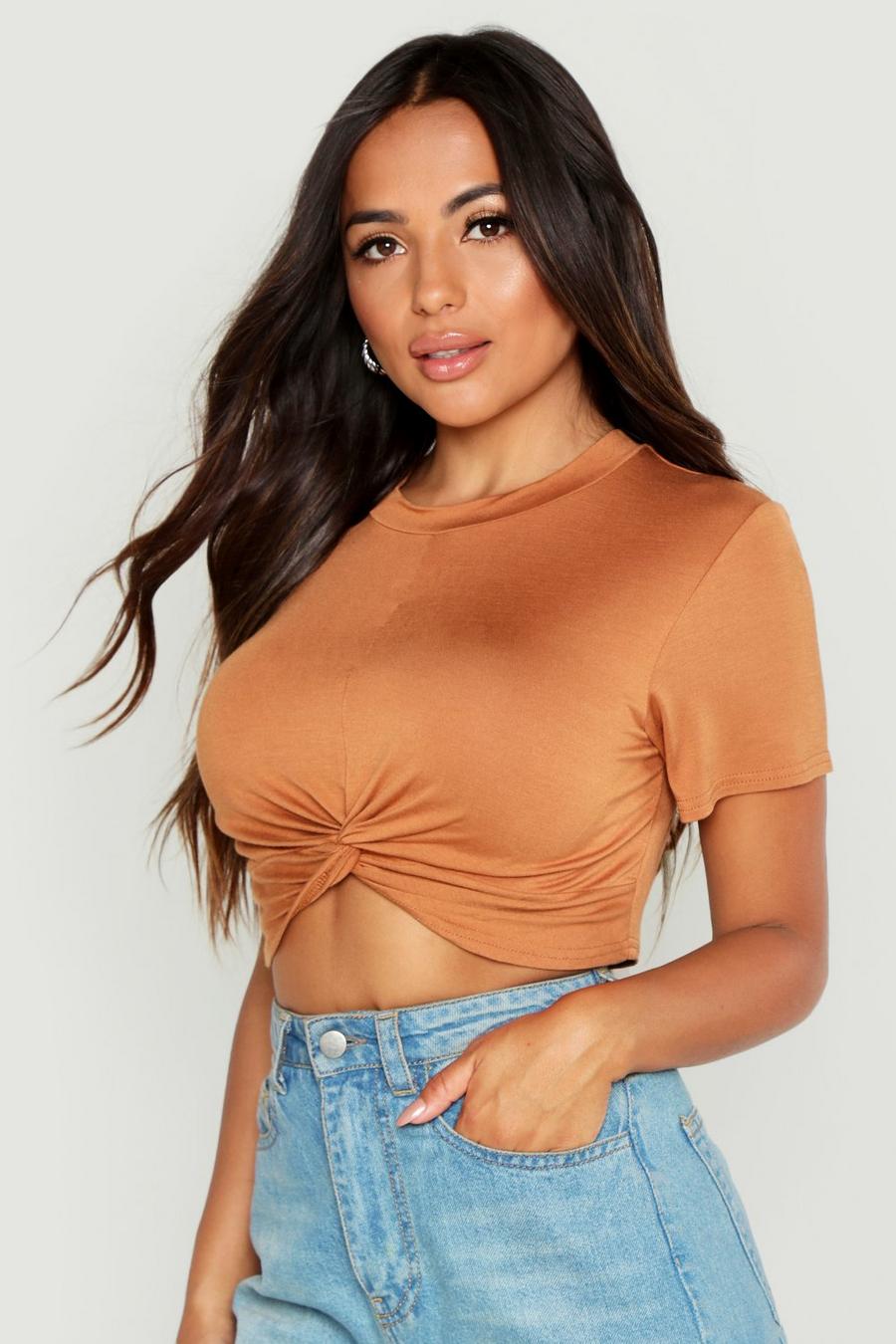 Tan Petite Knot Front Cropped T-shirt image number 1