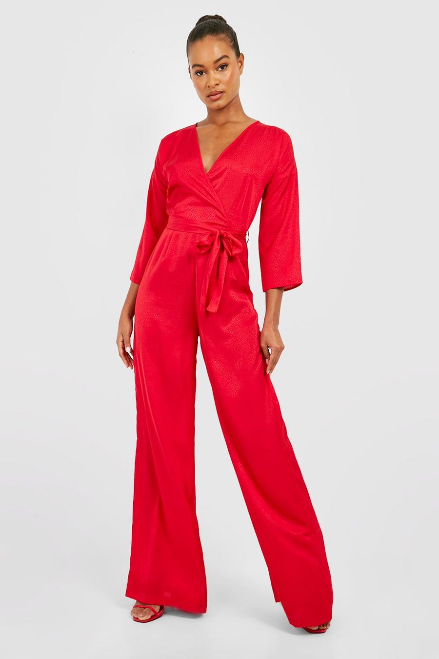 Red rojo Tall Leopard Jacquard Satin Tie Front Wide Leg Jumpsuit image number 1