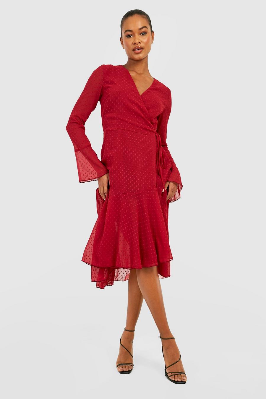 Berry Tall Dobby Mesh Wrap Midi Dress image number 1